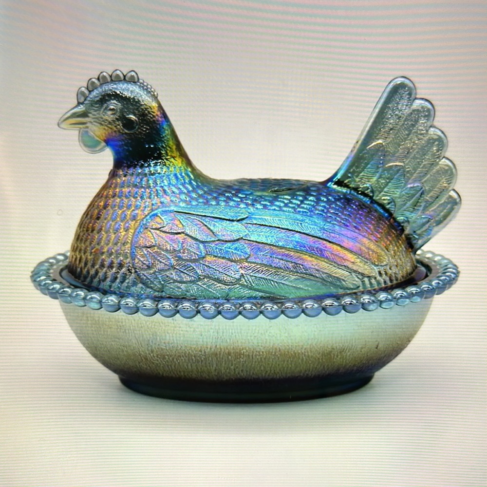 Vintage Indiana Carnival glass Hen or Chicken Candy Dish.